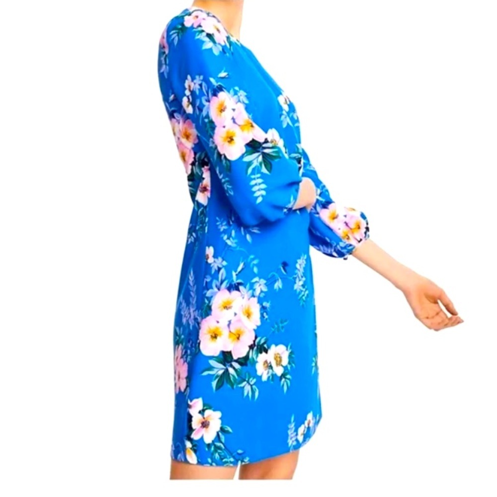 Ann Taylor Poppy Lantern Sleeve Floral Shift Dress In Seashore Blue Sz 0p!
